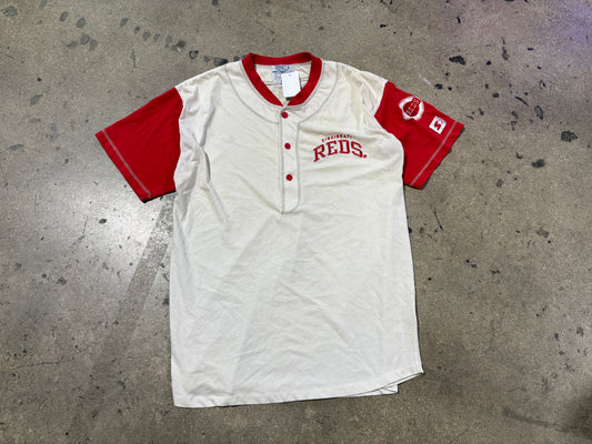 Cincinnati Reds Quarter Button Tee - White/Red Size XL