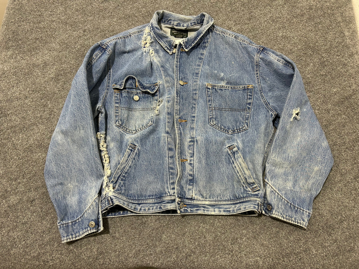 Thrashed Ralph Lauren Polo Country Denim Trucker Jacket - Blue Size Large