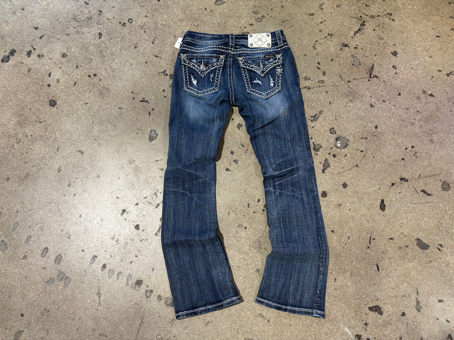 Miss Me Thick Saddle Stitch Bedazzled Pockets Slim Bootcut - Blue Size 28
