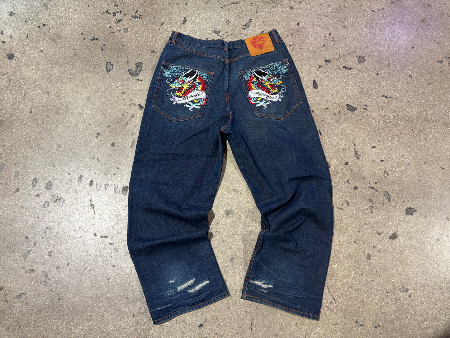 Ed Hardy Embroidered Dragon Pocket Denim Jeans - Blue Size 38 x 32