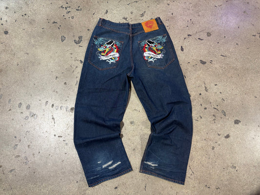 Ed Hardy Embroidered Dragon Pocket Denim Jeans - Blue Size 38 x 32
