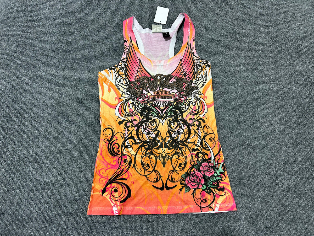 WMNS Harley Davidson Tattoo Print Tank Top - Orange/Multi Size Medium
