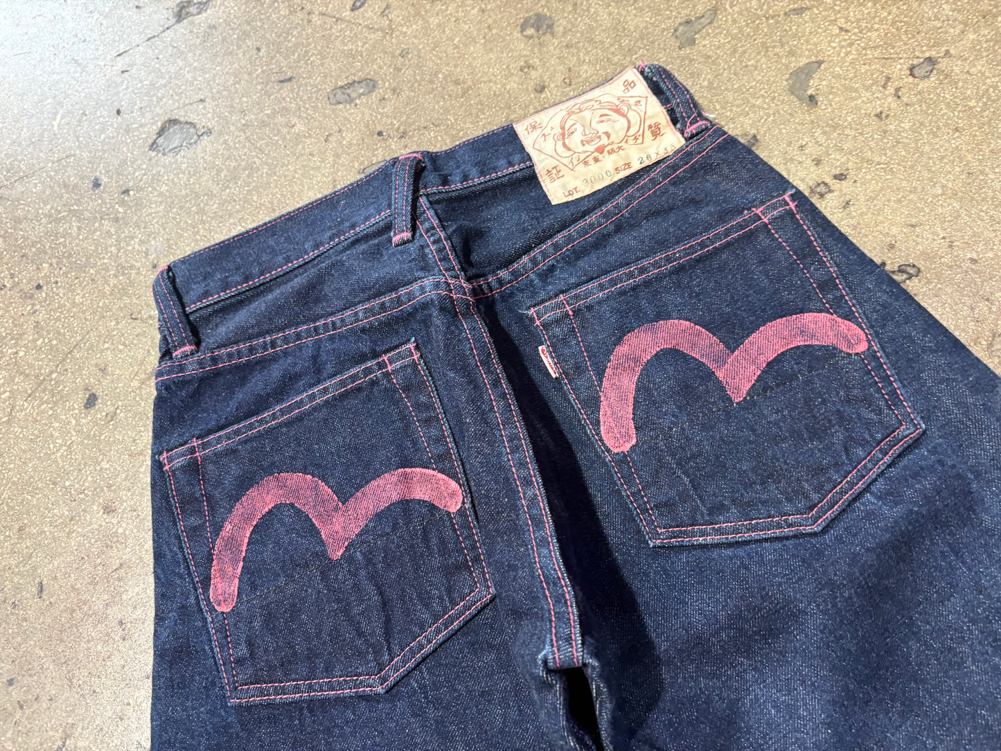 Womens Evisu Back Pocket Hit Selvedge Denim Jeans - Blue / Pink Size 25