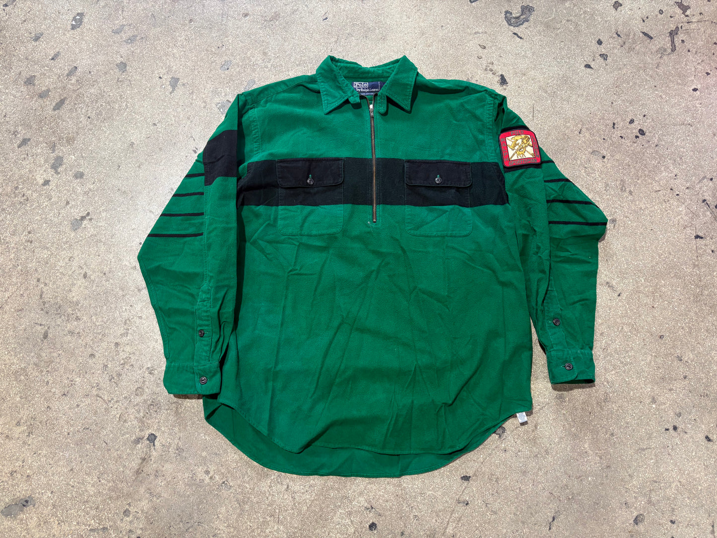 90s Polo Ralph Lauren Sportsman Patch LS Half Zip Shirt - Green Size Large