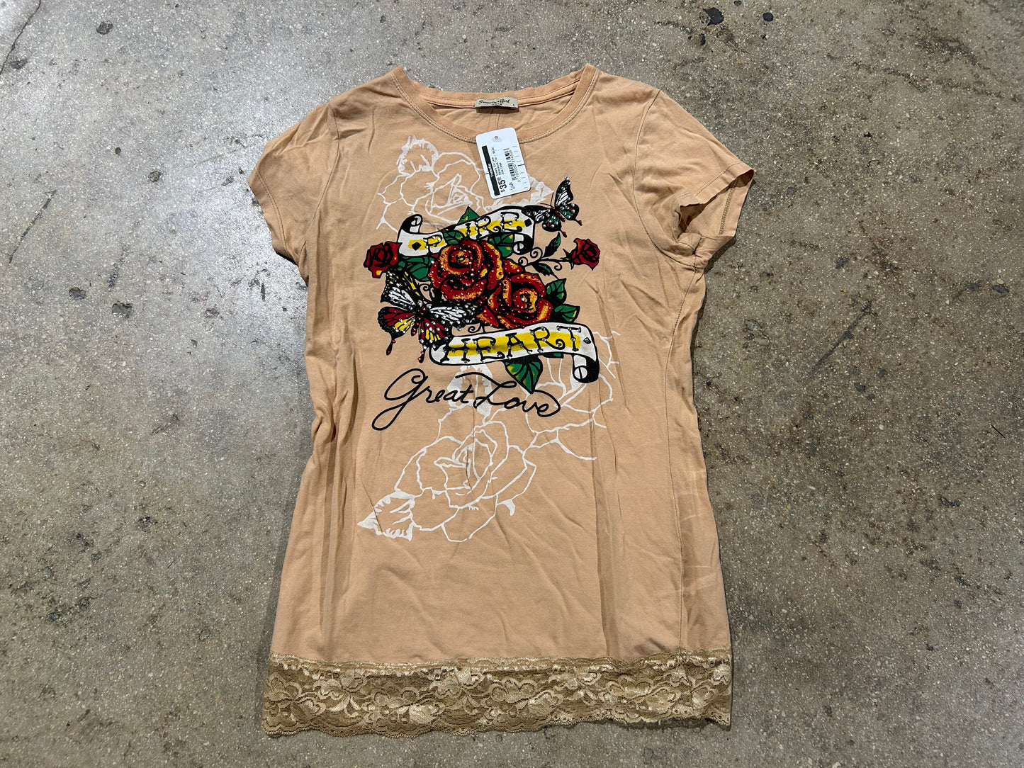 Sweety Girl Lace Rhinestone Top - Khaki Size Large