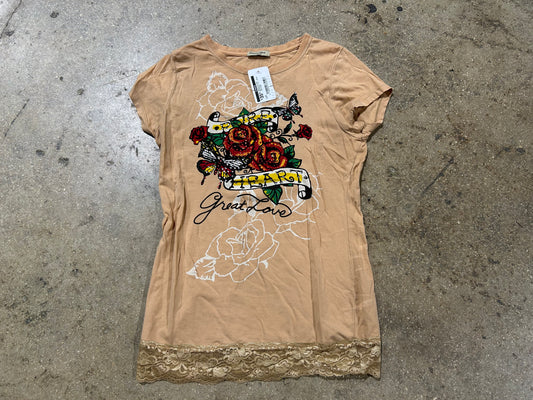 Sweety Girl Lace Rhinestone Top - Khaki Size Large