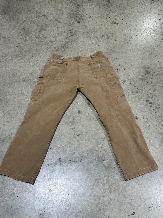 Distressed Carhartt Double Knee Pants - Faded Khaki Size 36x30