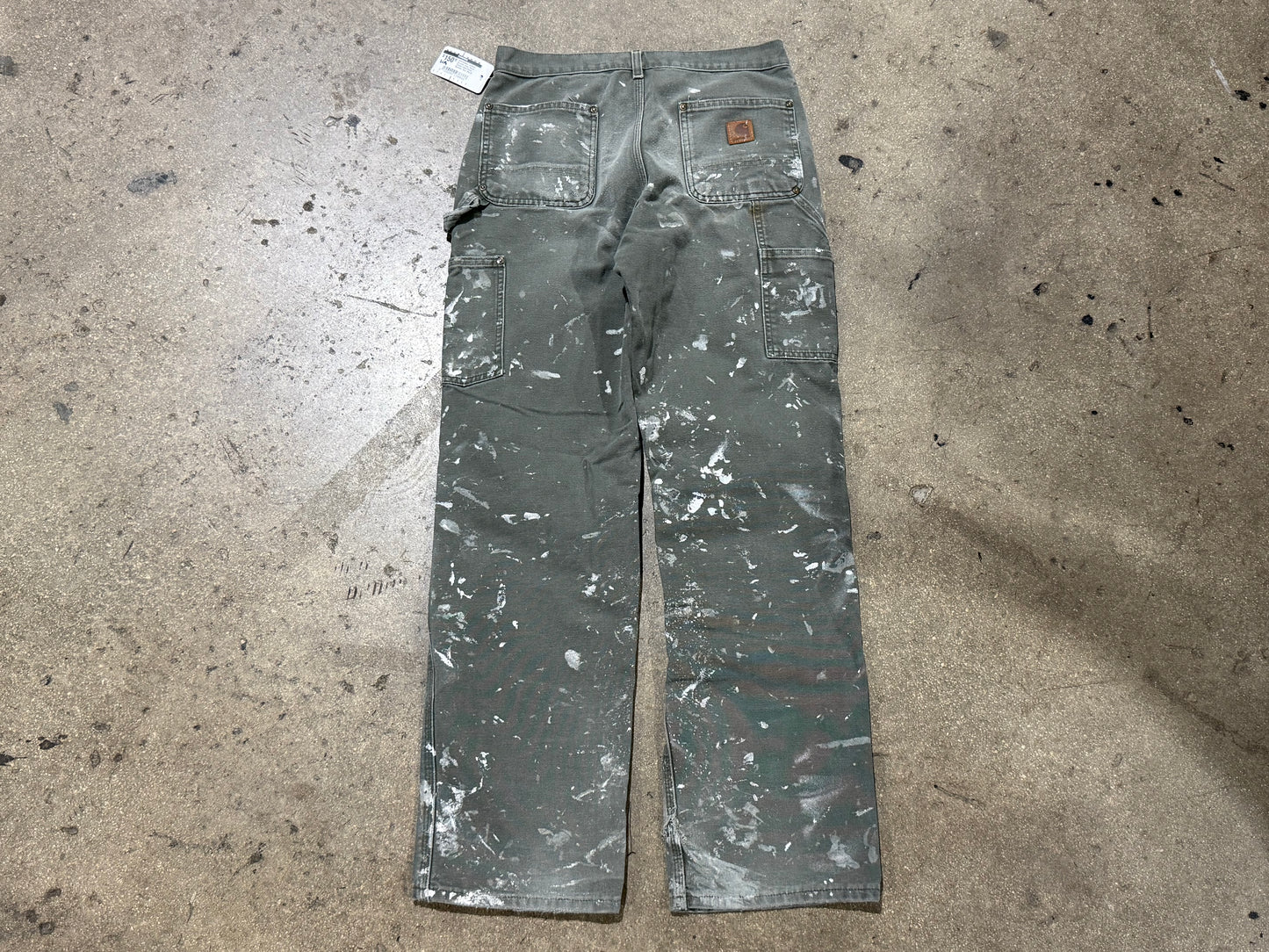 Distressed Carhartt Double Knee Pants - Faded Olive/Paint Splatter Size 30x32