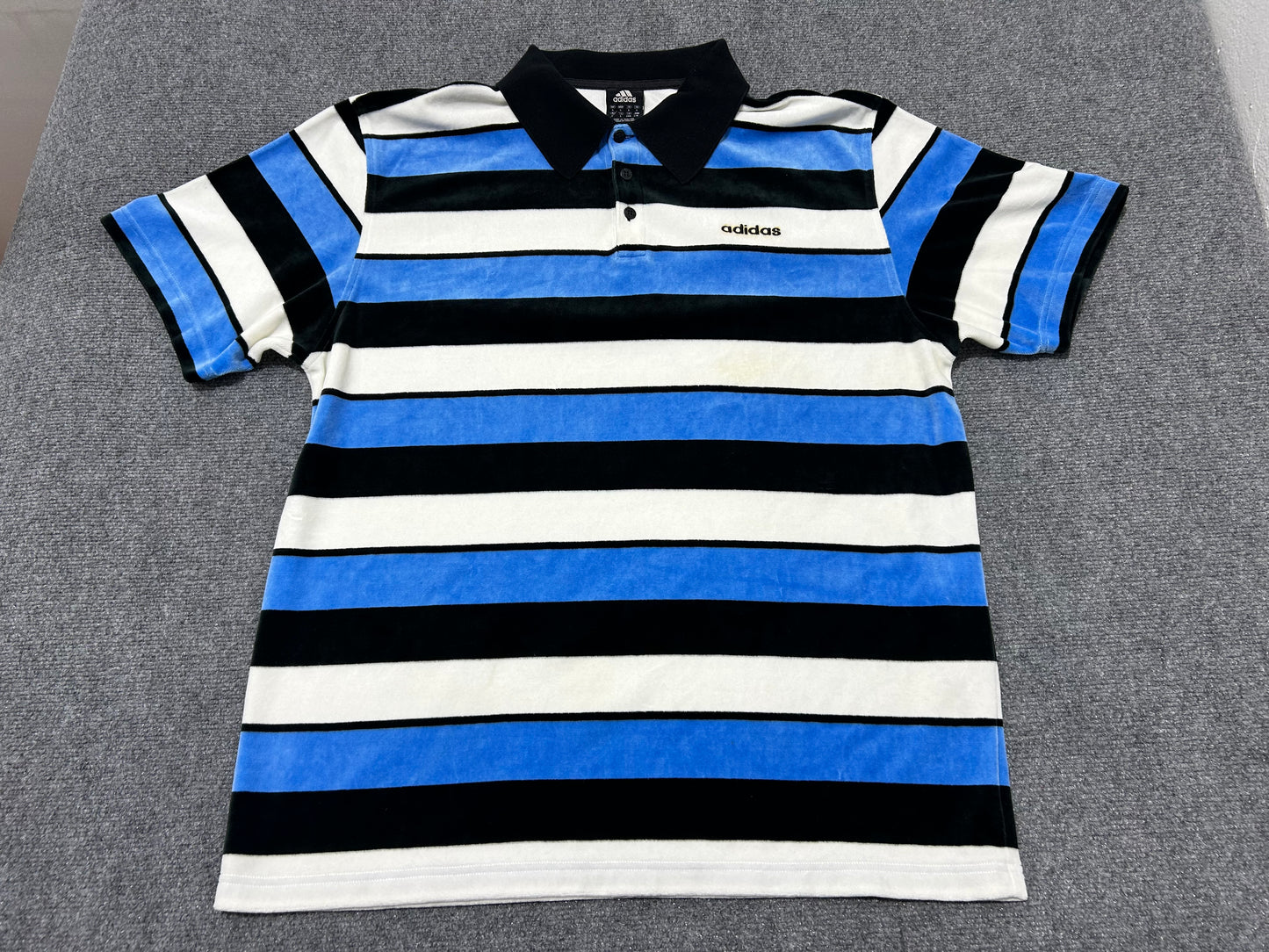 Adidas Velour Stripped Polo Shirt - Blue/White/Black Size Large