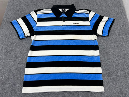 Adidas Velour Stripped Polo Shirt - Blue/White/Black Size Large