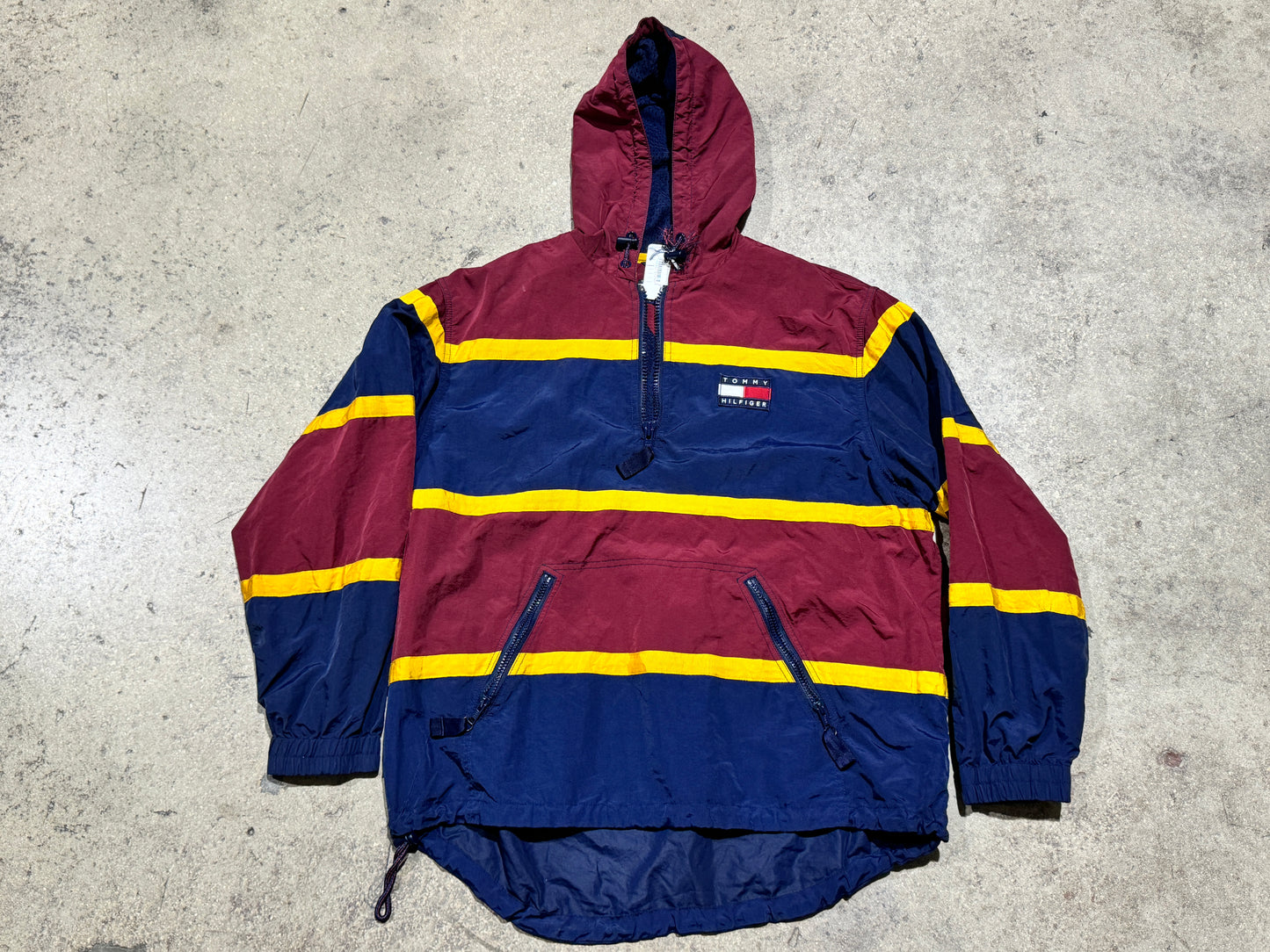 Tommy Hilfiger Quarter Zip Stripe Hooded Jacket - Burgundy/Yellow Size XL