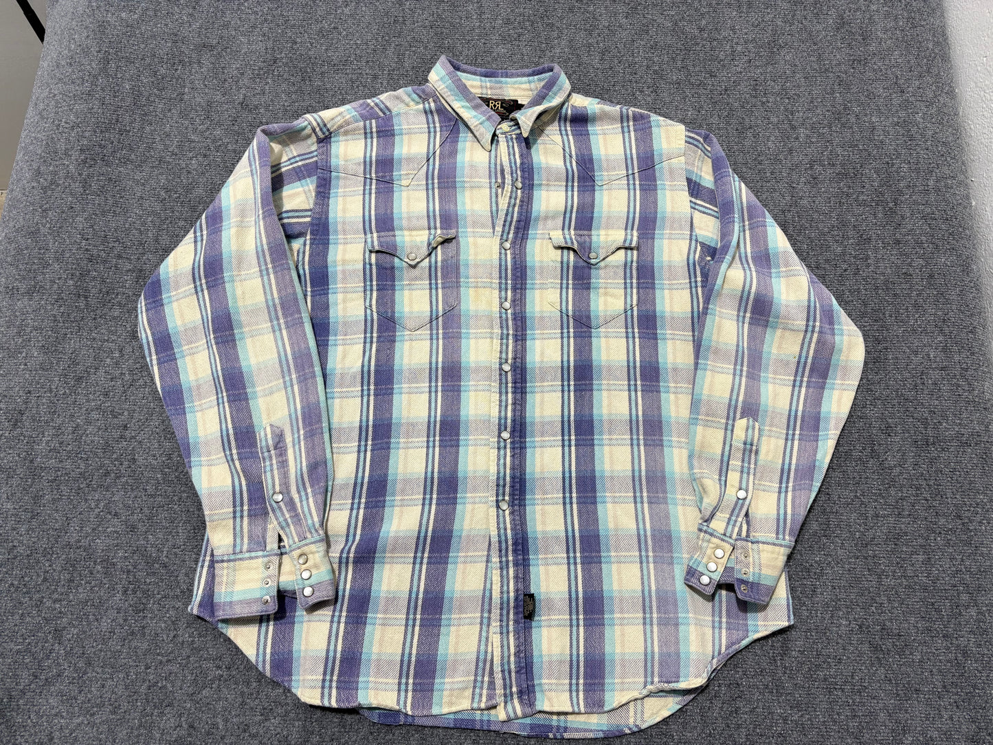 Double RL Pearl Button Plaid Shirt - Blue/Purple/Cream Size XL