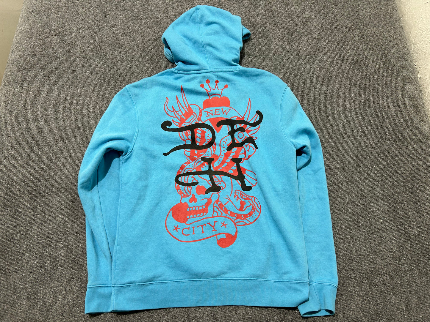 Ed Hardy Skull Flame Hoodie - Blue Size Medium