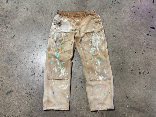 Distressed Carhartt Double Knee Painted Pants - Khaki Size 32 x 30