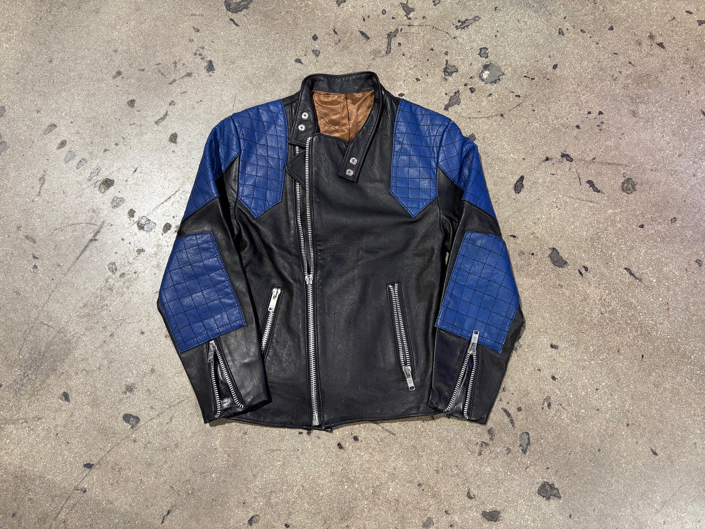 Leather Padded Motorcycle Biker Jacket - Black / Blue Size Small (No Zipper Pull)