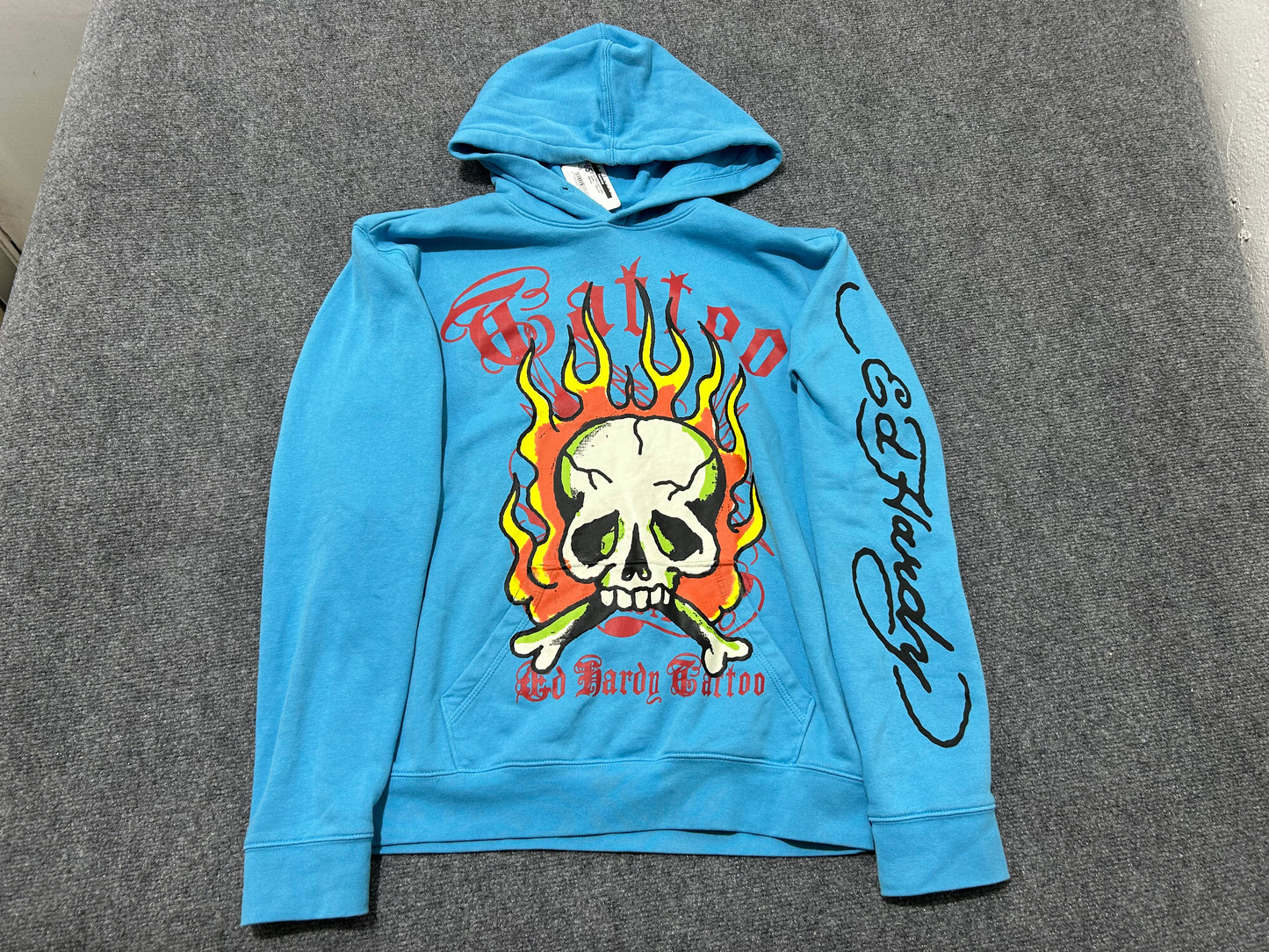 Ed Hardy Skull Flame Hoodie - Blue Size Medium