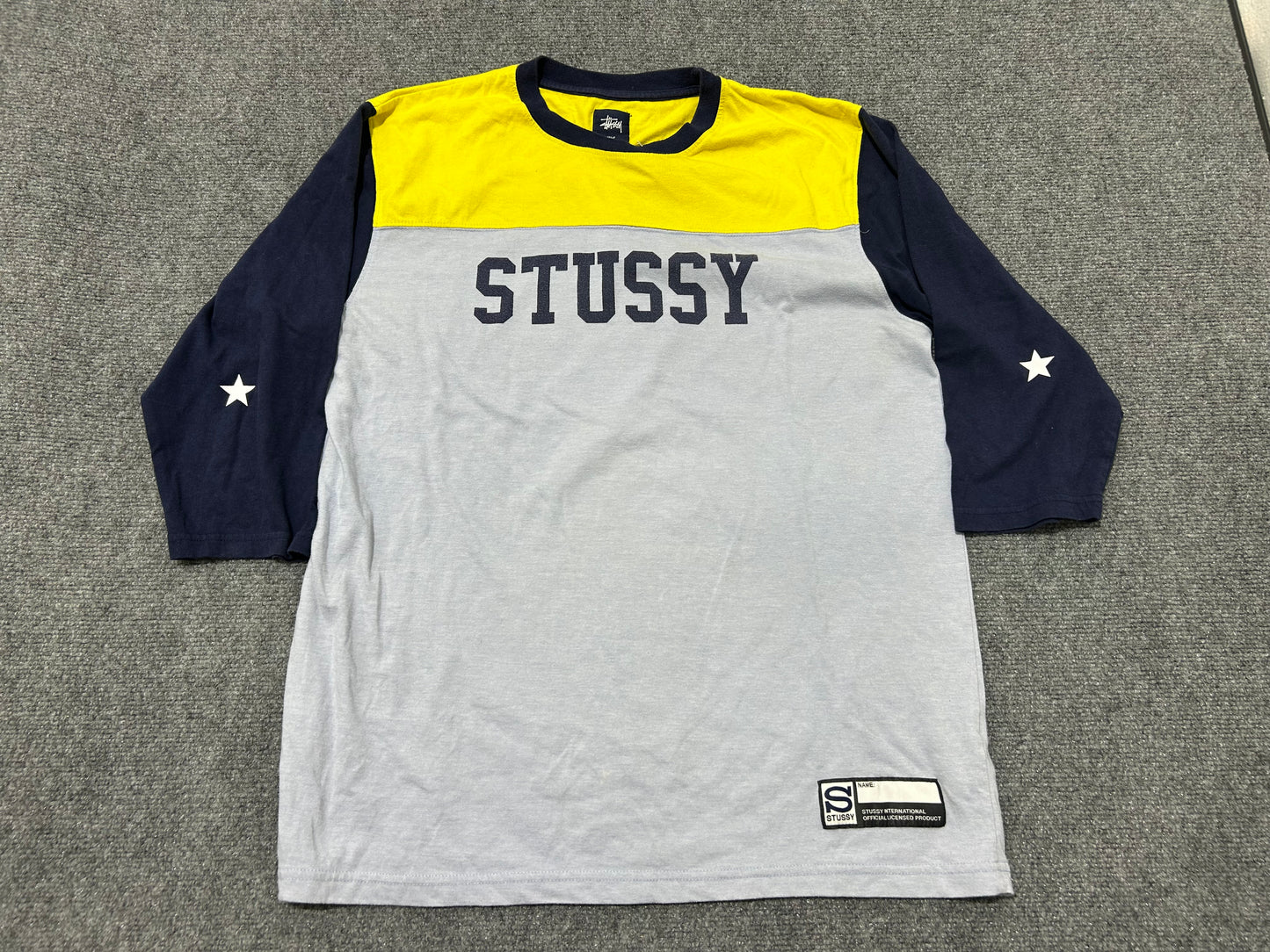 Stussy 3 Quarter Sleeve Baseball Tee - Blue / Yellow Size Large