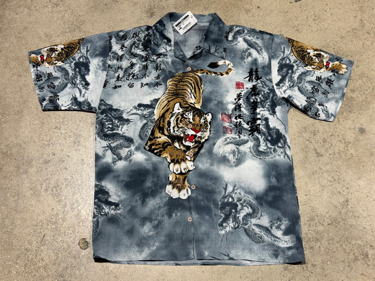 Tiger/Dragon Rayon Button Up Shirt - Blue/Grey Size Large