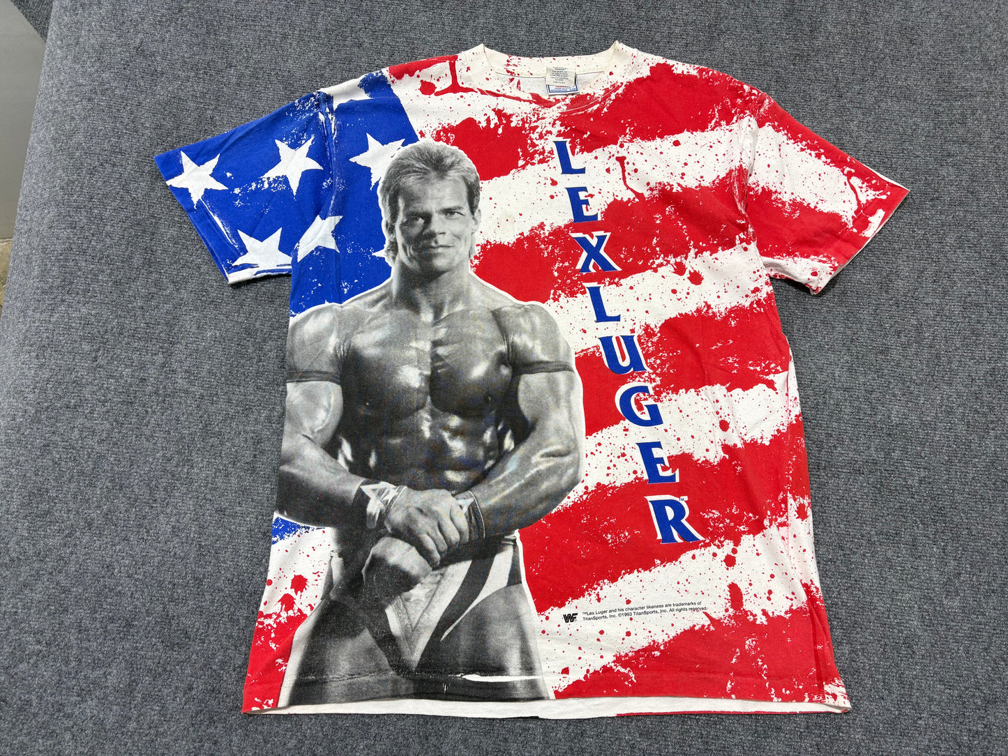1993 Lex Lugar American Flag AOP Tee - White / Red / Blue Size XL