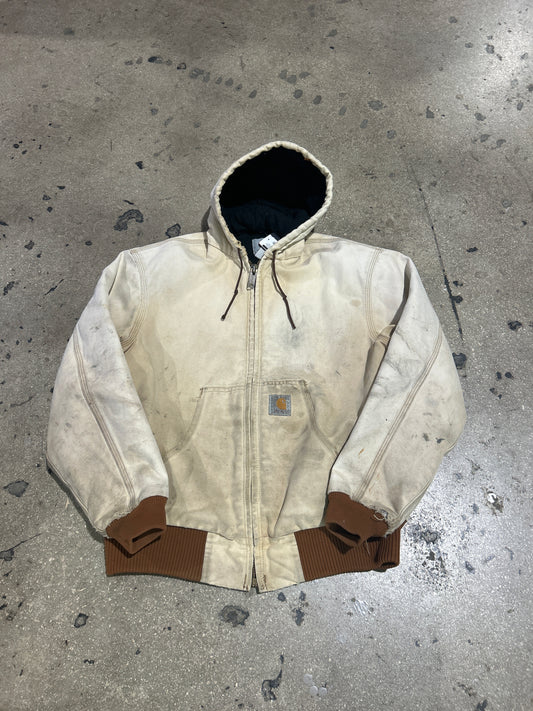 Distressed/Thrashed Carhartt Hooded Jacket - Faded Khaki Size Medium