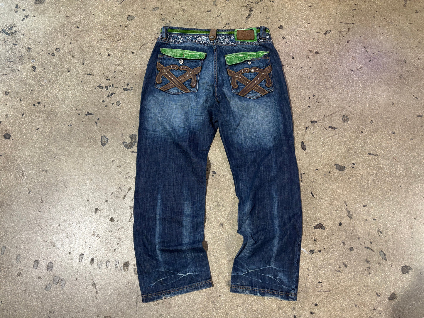 Crown Holder Denim Velour Pocket Denim Jeans - Blue / Green Size 38