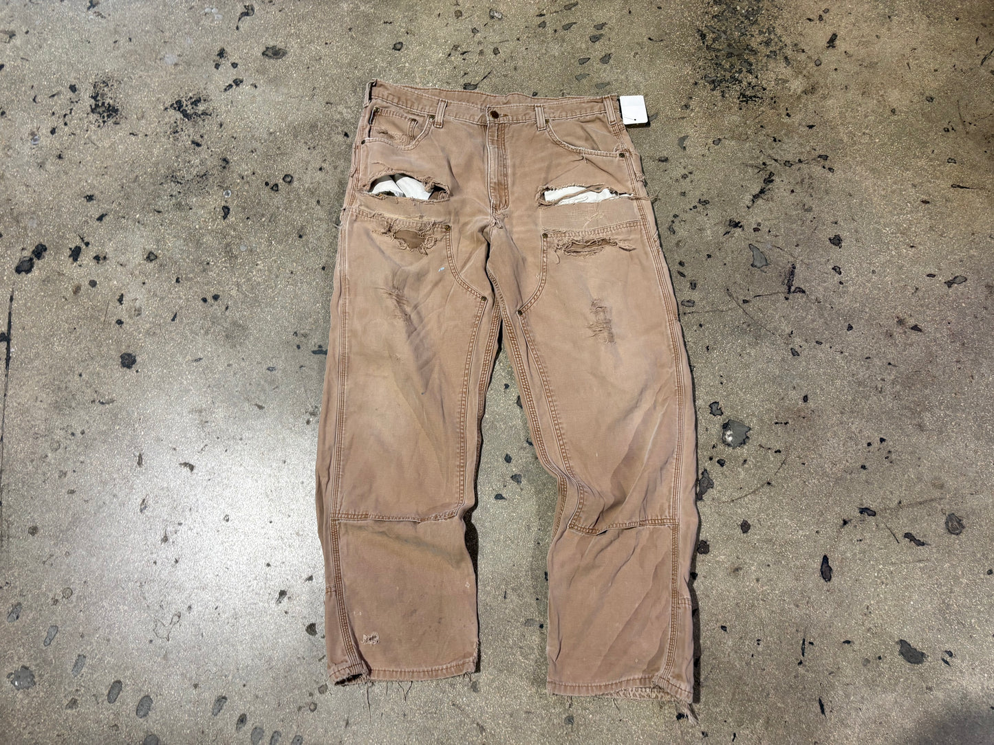 Distressed / Thrashed Carhartt Double Knee Pants - Khaki Size 36 x 30