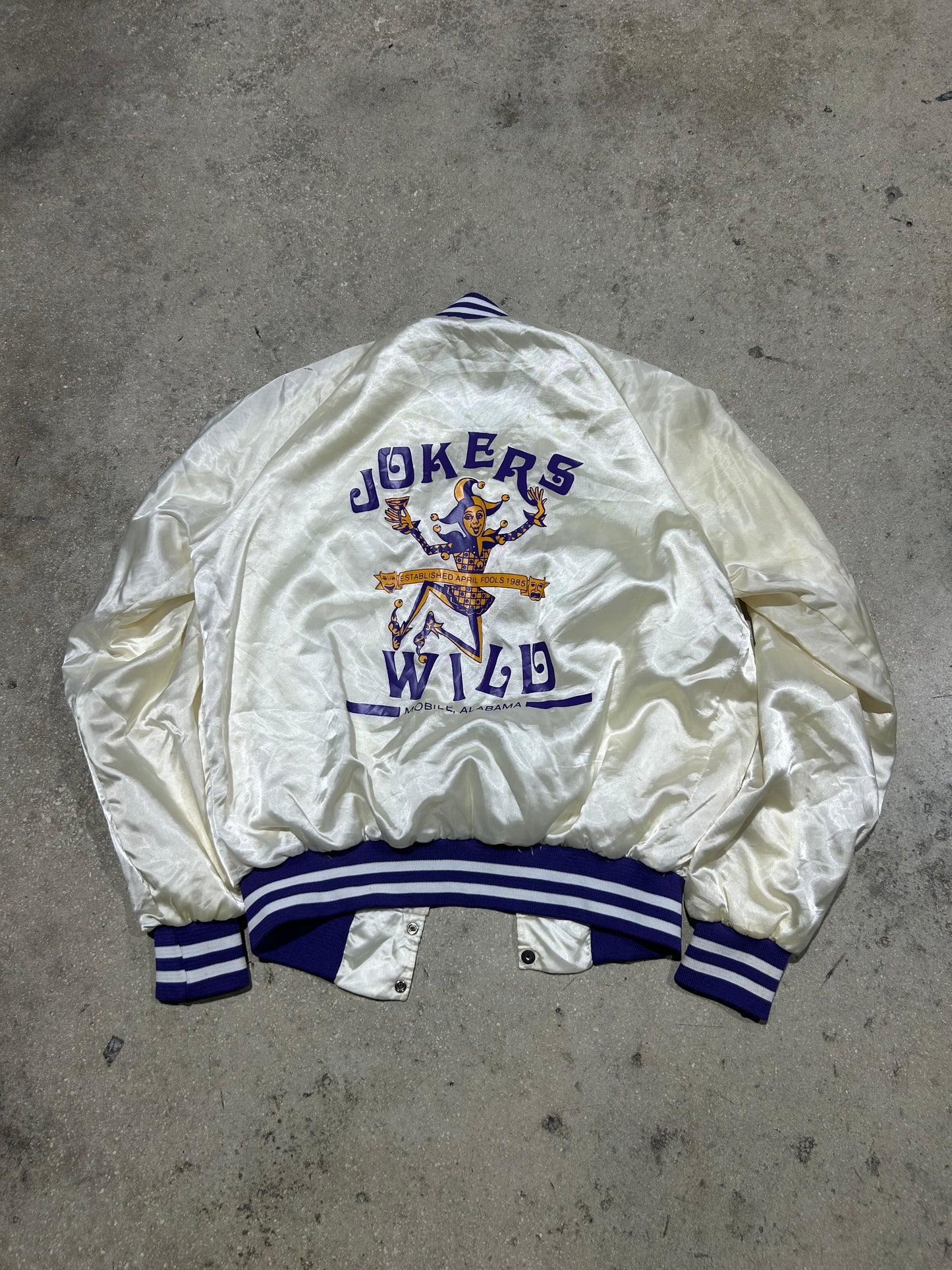 1985 Jokers Wild Satin Jacket - Cream/Purple Size Large