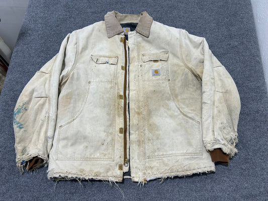 Distressed Carhartt Chore Jacket - Faded Khaki Size XL