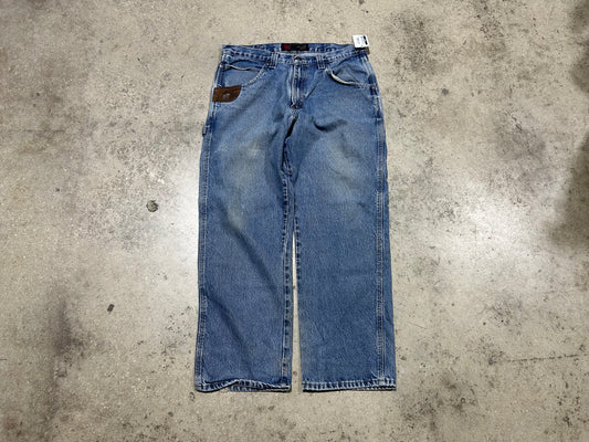 Riggs Wrangler Work Jeans With Small Leather Patch - Blue Size 34x30
