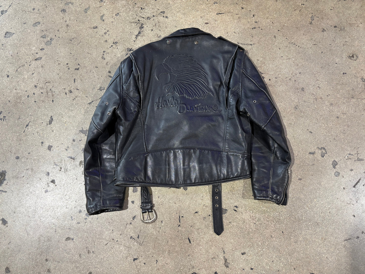 Harley Davidson Embossed Eagle Leather Biker Jacket - Black Size 40/Large