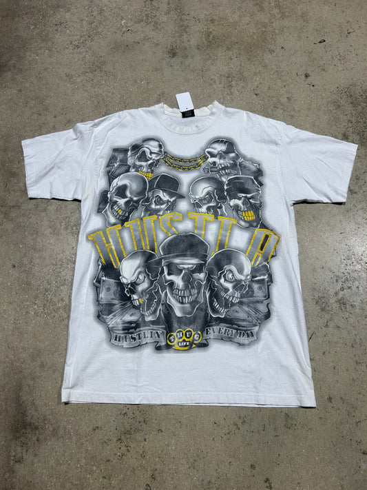Hustla Skull Tee - White/Black/Gold Size XXL