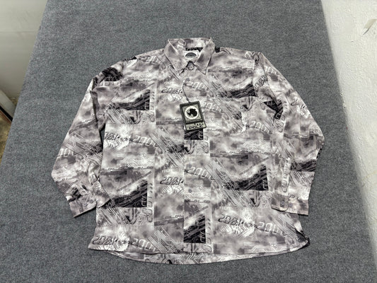 2001 South Pole Cyber Print Button Up Shirt - Grey Size XL