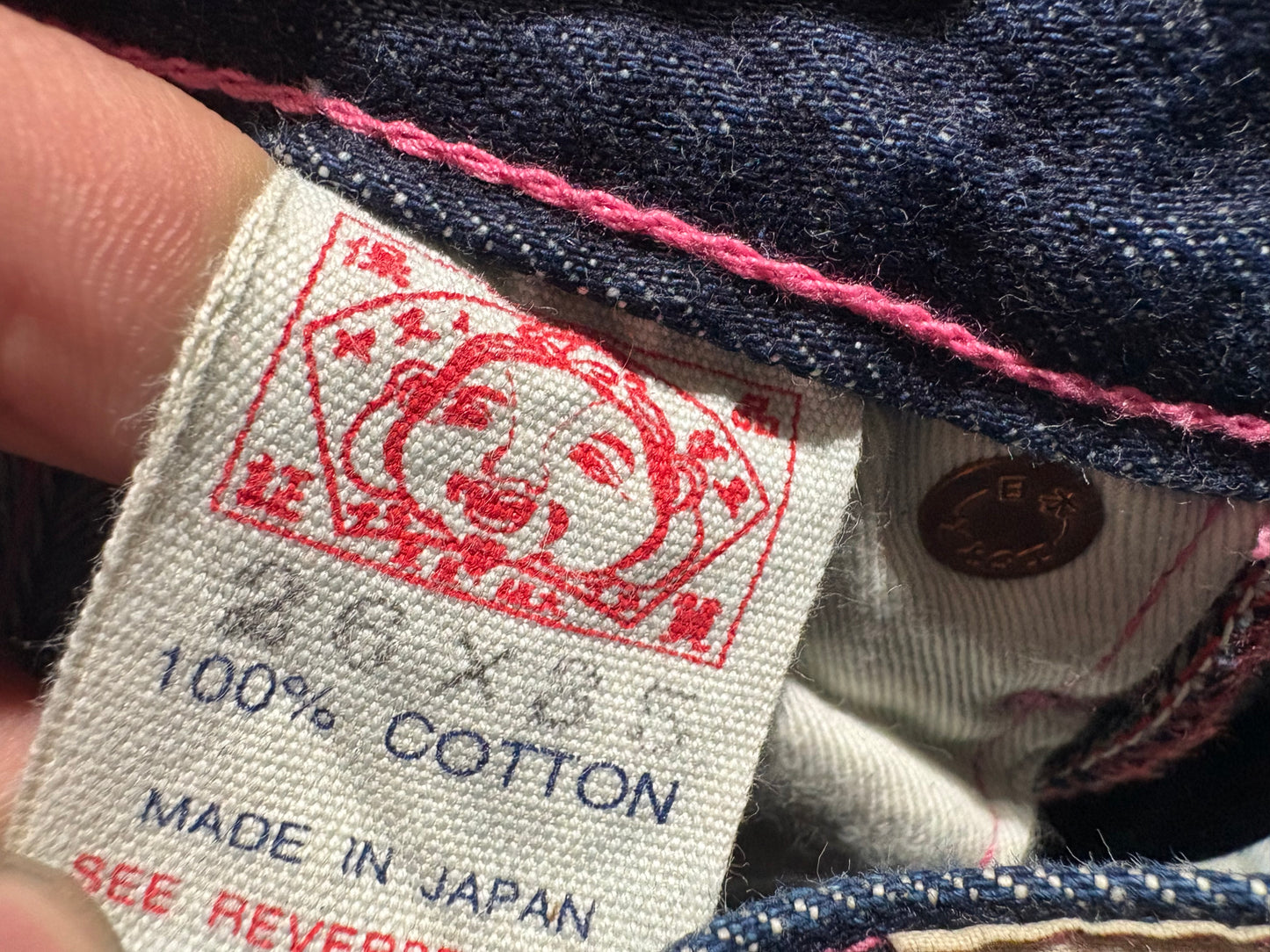 Womens Evisu Back Pocket Hit Selvedge Denim Jeans - Blue / Pink Size 25