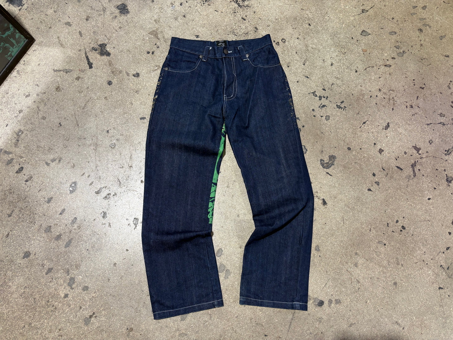Raw Blue Crazy Glitter Back Hit Denim Jeans - Navy Blue / Green/ Gold Size 32 x32