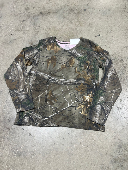 Womens Real Tree Camo V Neck Long Sleeve Tee - Multi/Pink Size Large