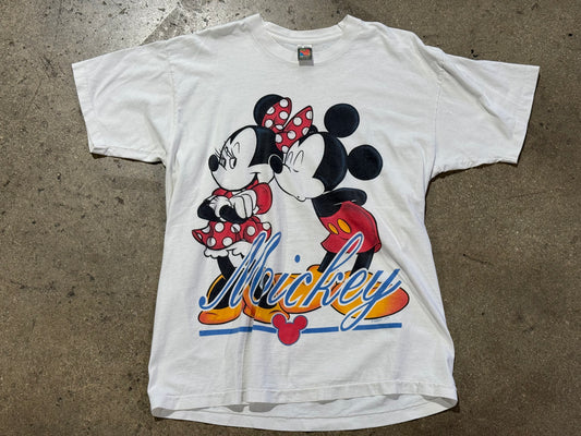 90s Disney Mickey Kissing Minnie Tee - White Size OSFA/XL
