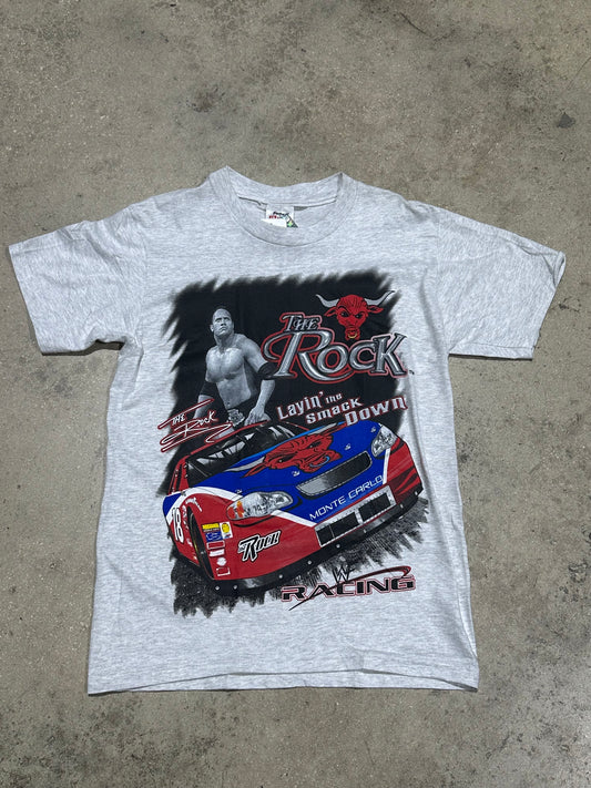 WWF The Rock Laying The Smack Down Racing Tee - Grey Size Small (18.5 x 27)
