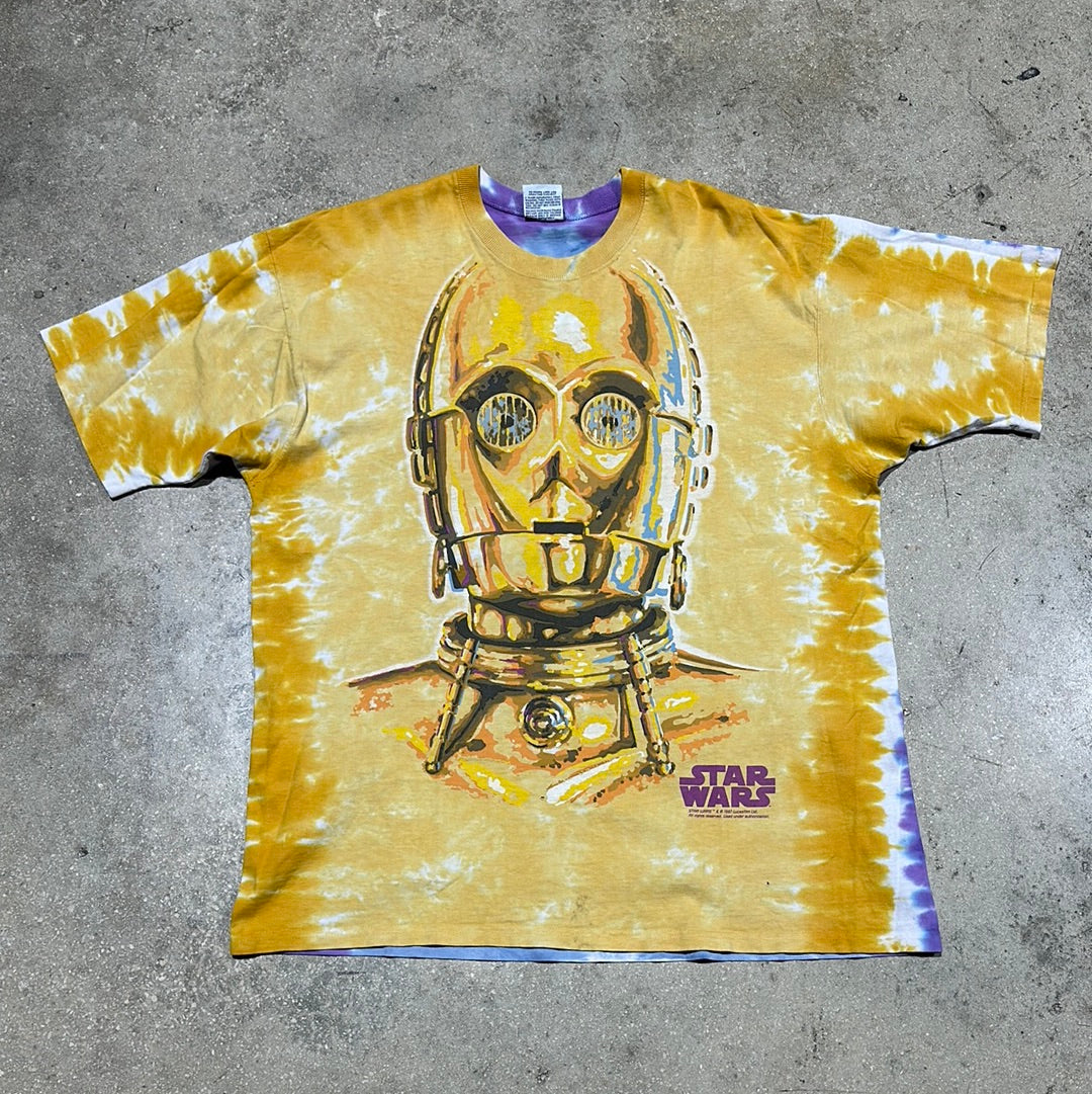 Star Wars C3PO R2D2 Liquid Blue Tie Dye Tee Size XL