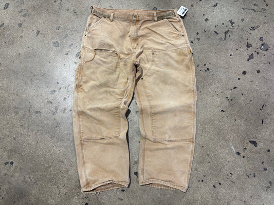 Distressed Carhartt Double Knee Pants - Faded Khaki Size 40x30