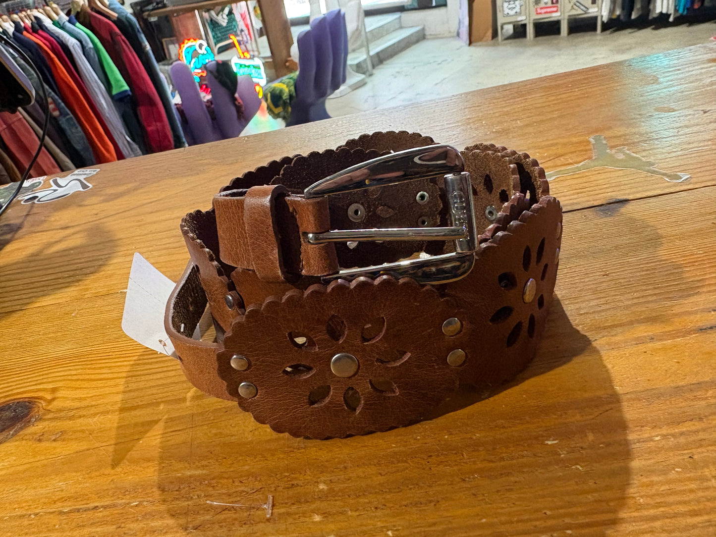 Guess Boho Floral Perforated Leather Belt - Brown