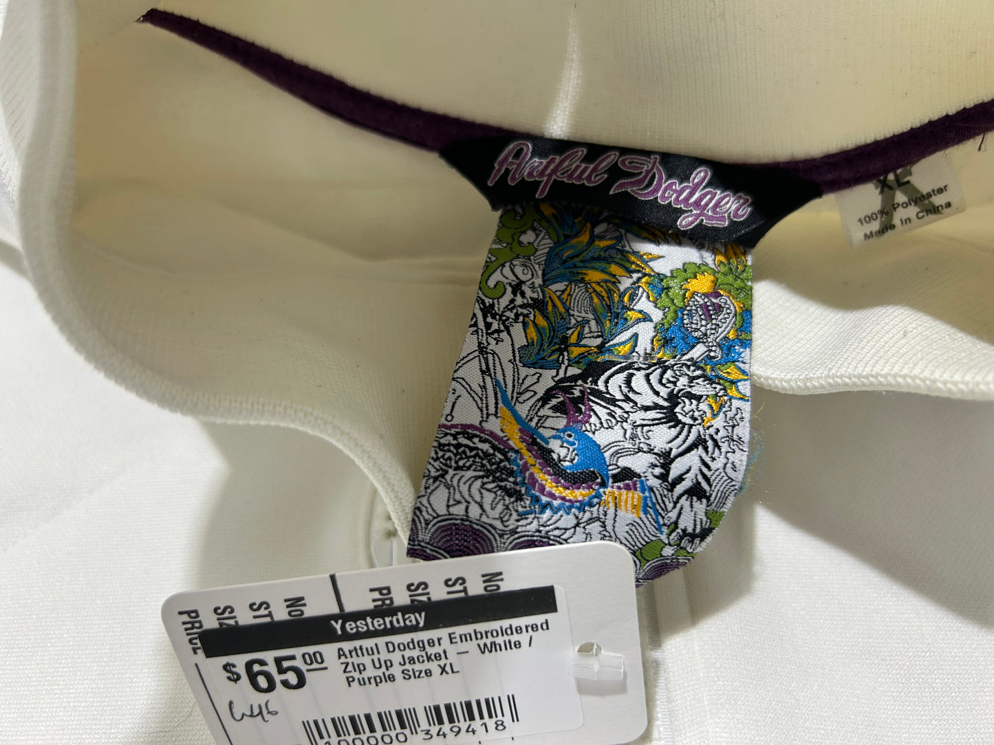 Artful Dodger Embroidered Zip Up Jacket - White / Purple Size XL