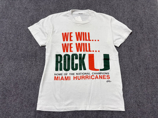 Miami Hurricanes We Will Rock U Tee- White Size Large