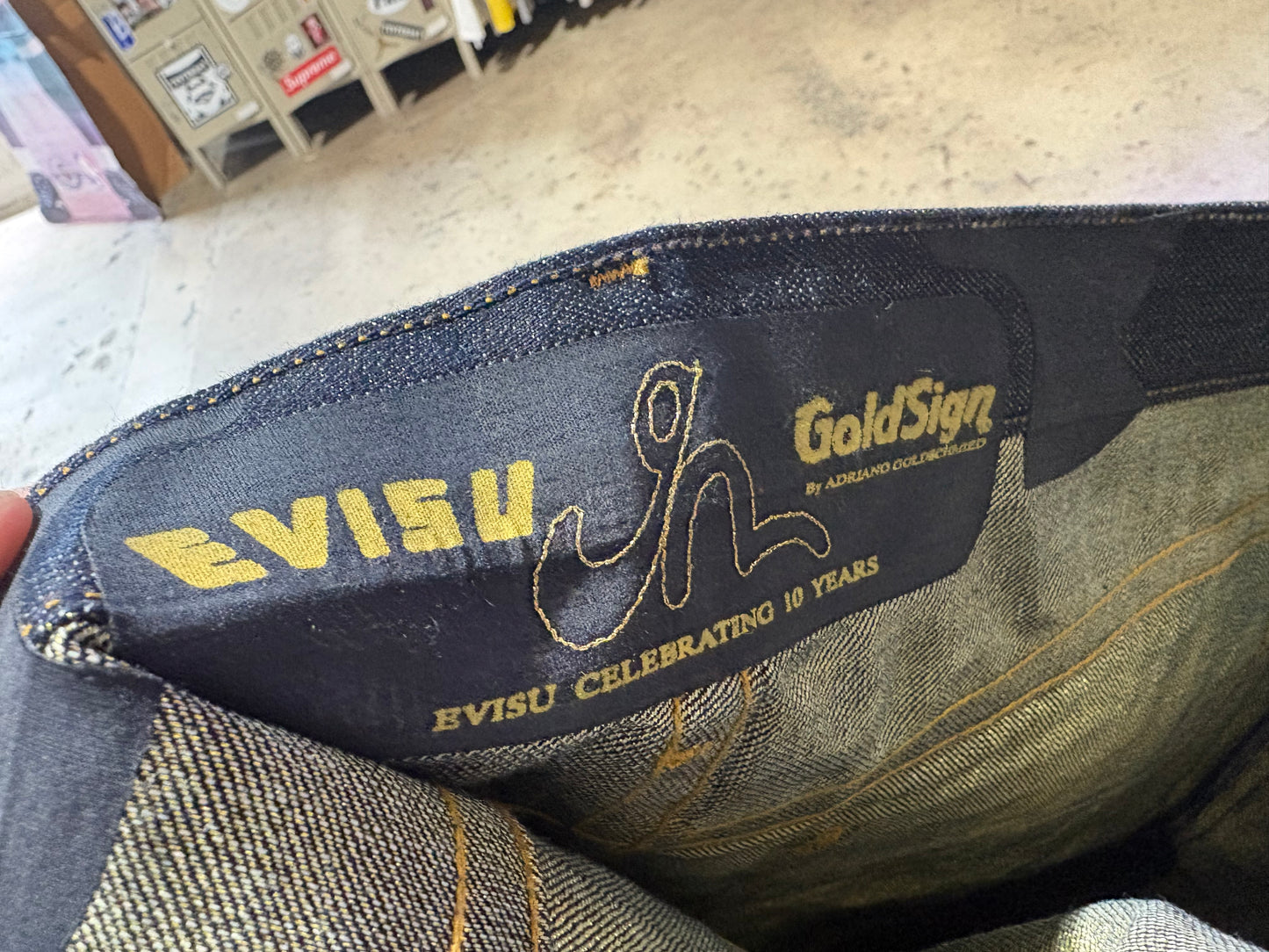 Evisu Goldsign Shiny Denim Jeans - Dark Wash/ Gold Size 36