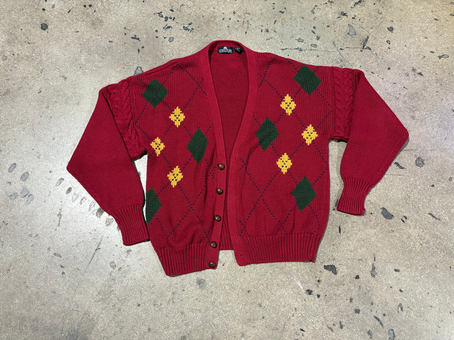 Structure Cable Knit Diamond Pattern Cardigan - Red Size XL