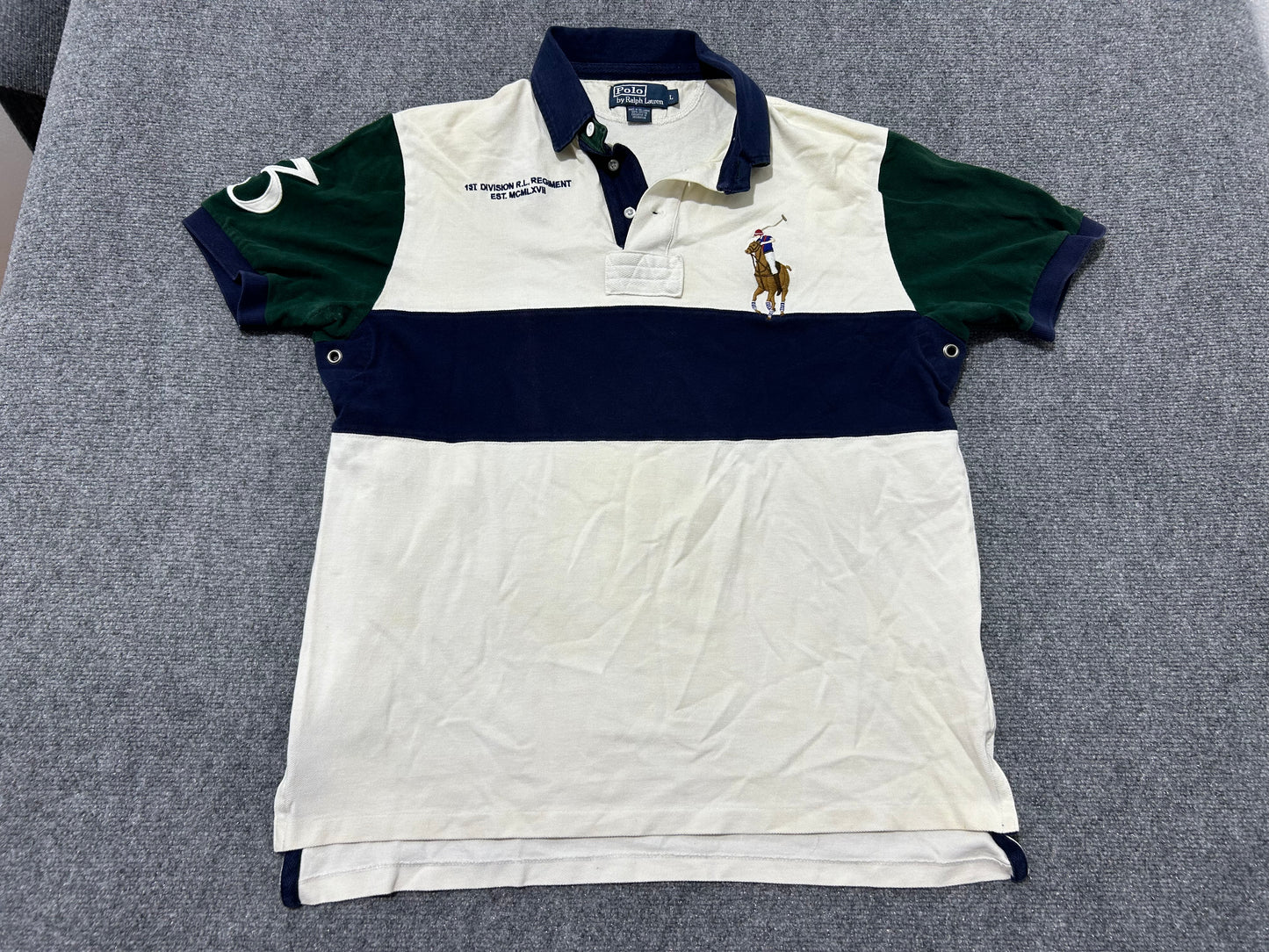 Ralph Lauren Big Horse Color Blocking Polo Shirt - White/Green/Navy Size Large