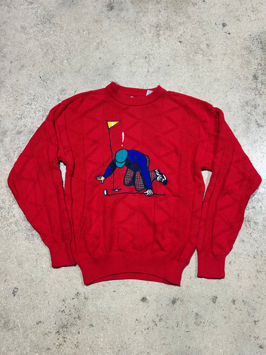 Knitted Golf Crewneck Sweater - Red Size Small