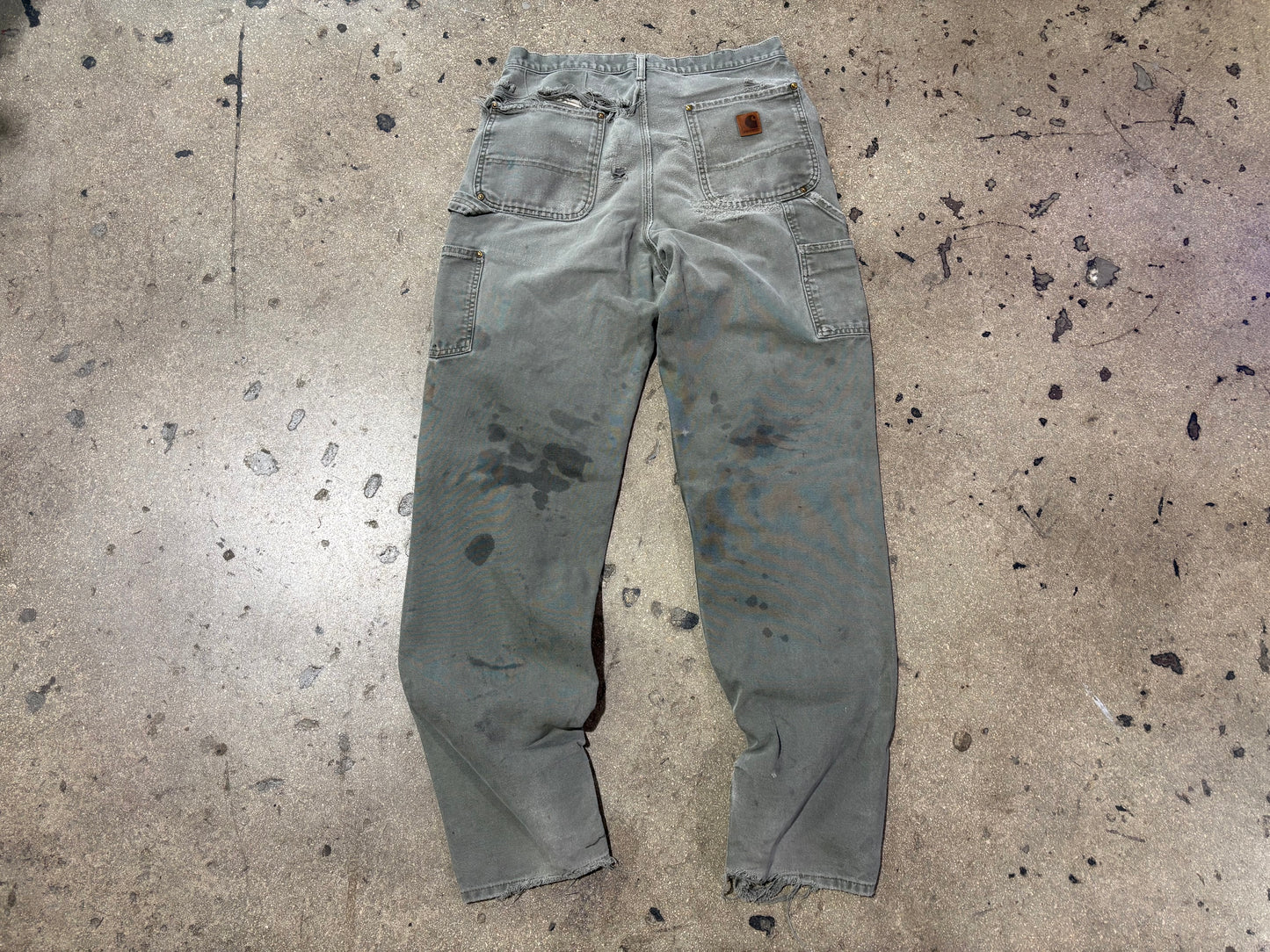 Distressed/ Repaired Carhartt Double Knee Pants - Olive Size 32 x 34