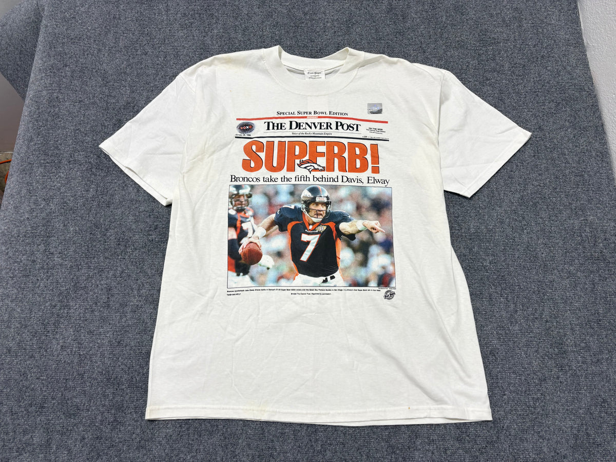 1998 Denver Broncos Newspaper Tee - White Size XL