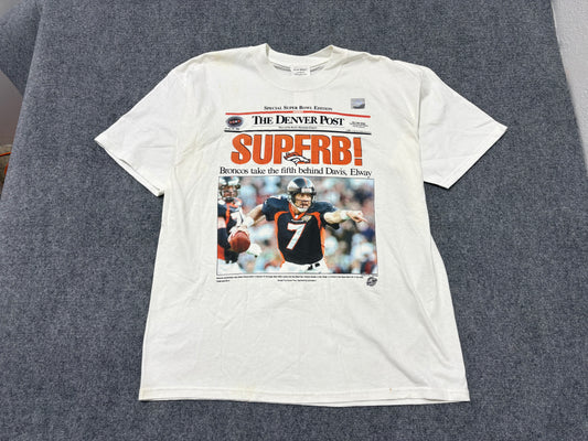 1998 Denver Broncos Newspaper Tee - White Size XL