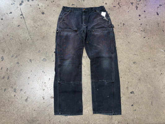Distressed Carhartt Double Knee Carpenters Pants - Faded Black Size 34 x 30